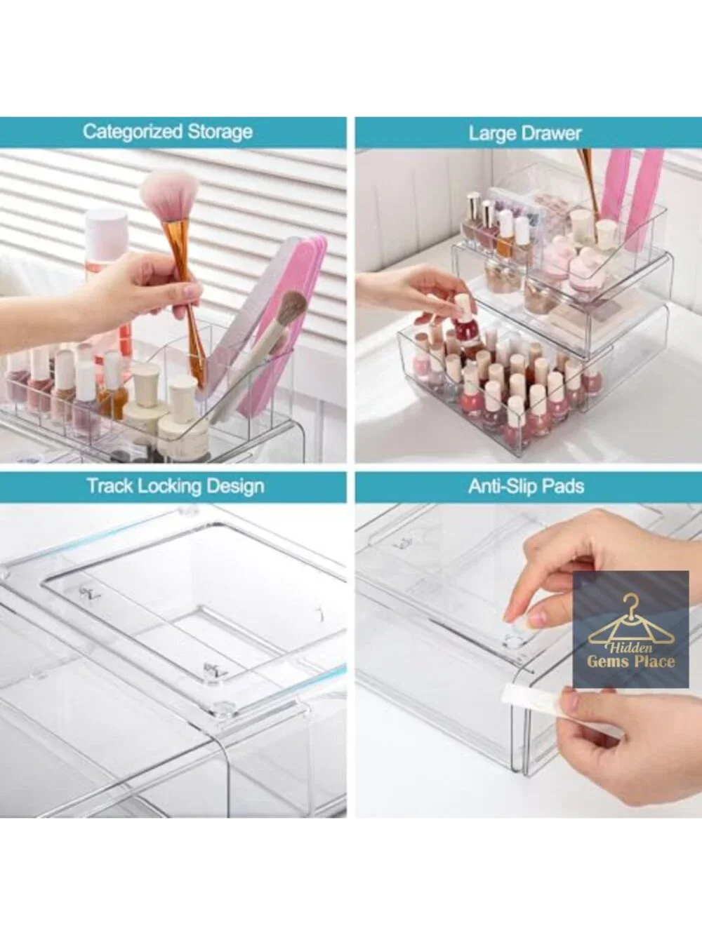 3-Tier Clear Makeup Organizer with 2 Drawers, Stackable, Large Capacity for